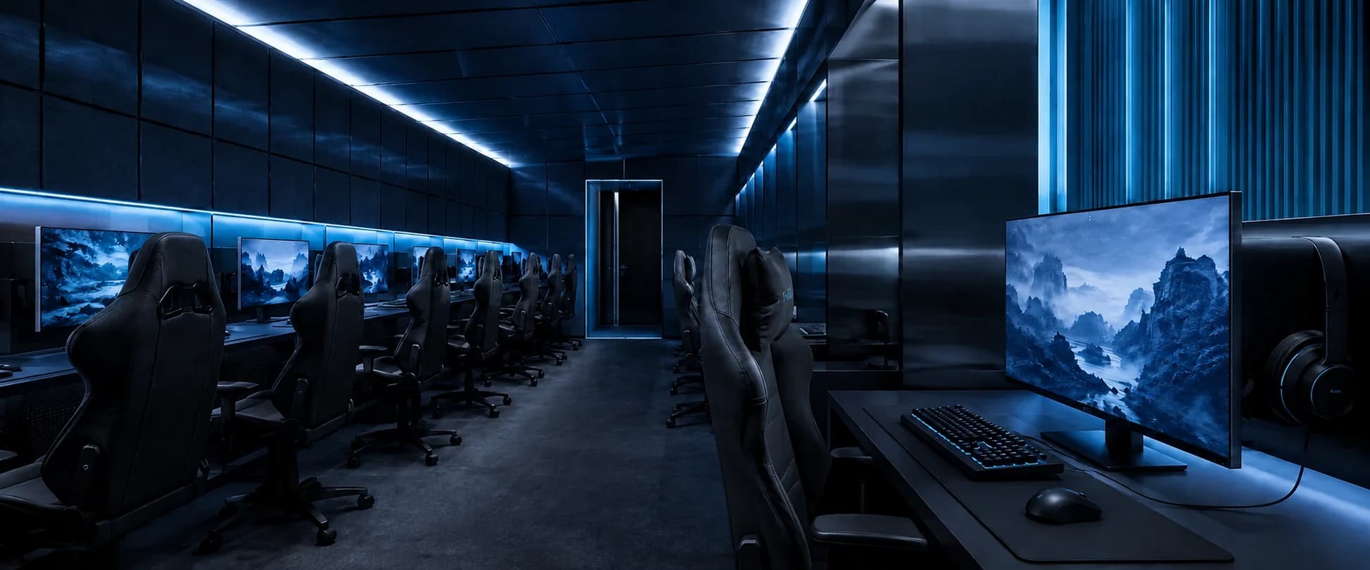 Rows of graphite gaming stations in a contemporary club, lit by soft white and icy blue light.